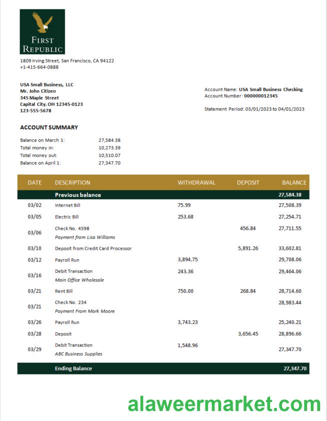 First Republic Bank enterprise statement Word and PDF template